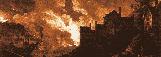 Pixel-art translation of Philip James de Loutherbourg, Coalbrookdale by Night (1801): the furnaces of Coalbrookdale glow red against the night sky above a dark valley.