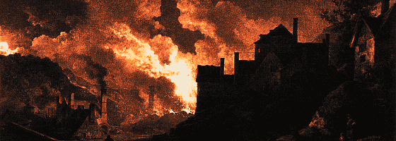 Pixel-art translation of Philip James de Loutherbourg, Coalbrookdale by Night (1801): the furnaces of Coalbrookdale glow red against the night sky above a dark valley.