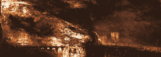 Pixel-art translation of J. M. W. Turner, The Burning of the Houses of Lords and Commons, 16 October 1834 (1834 to 1835): the Houses of Parliament burn at night, with the fire reflected in the Thames.
