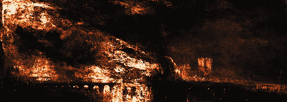 Pixel-art translation of J. M. W. Turner, The Burning of the Houses of Lords and Commons, 16 October 1834 (1834 to 1835): the Houses of Parliament burn at night, with the fire reflected in the Thames.