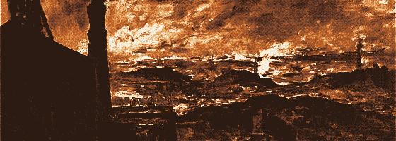 Pixel-art translation of Constantin Meunier, Mining Region (Steenkolenstreek) (undated): a smoky industrial mining landscape of chimneys and spoil under a heavy sky.