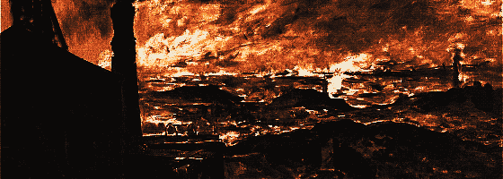 Pixel-art translation of Constantin Meunier, Mining Region (Steenkolenstreek) (undated): a smoky industrial mining landscape of chimneys and spoil under a heavy sky.