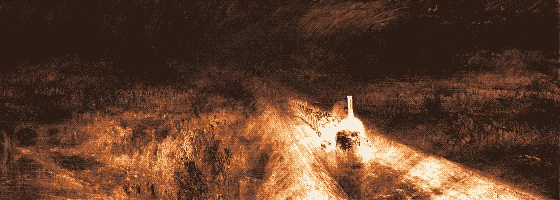 Pixel-art translation of J. M. W. Turner, Rain, Steam and Speed: The Great Western Railway (1844): a steam locomotive crosses a railway bridge in rain and mist, its firebox glowing.