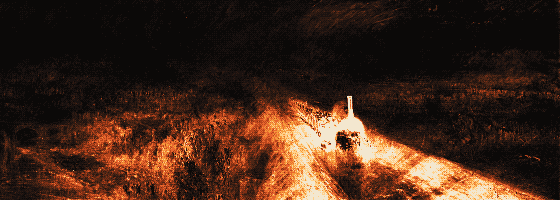 Pixel-art translation of J. M. W. Turner, Rain, Steam and Speed: The Great Western Railway (1844): a steam locomotive crosses a railway bridge in rain and mist, its firebox glowing.