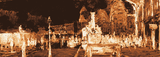Pixel-art translation of Claude Monet, Arrival of the Normandy Train, Gare Saint-Lazare (1877): a steam train arrives under the iron-and-glass roof of the Gare Saint-Lazare in clouds of steam.