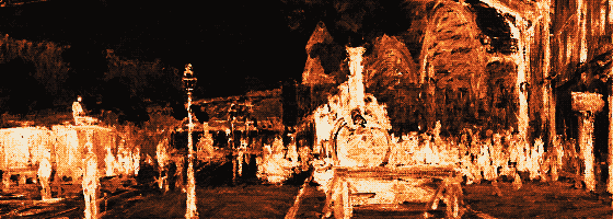 Pixel-art translation of Claude Monet, Arrival of the Normandy Train, Gare Saint-Lazare (1877): a steam train arrives under the iron-and-glass roof of the Gare Saint-Lazare in clouds of steam.