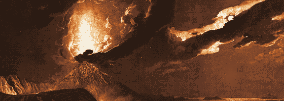 Pixel-art translation of Joseph Wright of Derby, Vesuvius in Eruption, with a View over the Islands in the Bay of Naples (about 1776): Mount Vesuvius erupts at night over the Bay of Naples, with glowing lava and a plume of smoke.