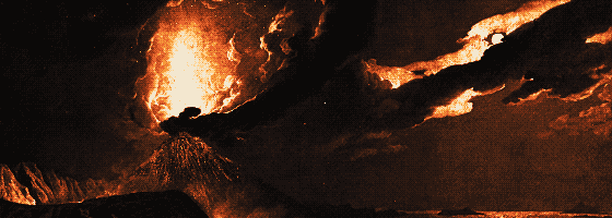 Pixel-art translation of Joseph Wright of Derby, Vesuvius in Eruption, with a View over the Islands in the Bay of Naples (about 1776): Mount Vesuvius erupts at night over the Bay of Naples, with glowing lava and a plume of smoke.
