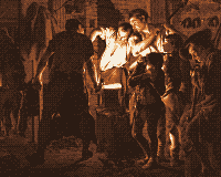 Pixel-art translation of Joseph Wright of Derby, The Blacksmith's Shop (1771): a smith and his helpers work a glowing piece of iron in a dark workshop lit by the forge.