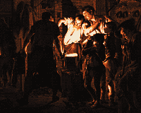 Pixel-art translation of Joseph Wright of Derby, The Blacksmith's Shop (1771): a smith and his helpers work a glowing piece of iron in a dark workshop lit by the forge.