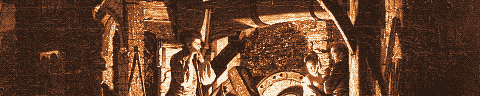Pixel-art translation of Joseph Wright of Derby, An Iron Forge Viewed from Without (1773): an arched stone forge seen from outside at night, with firelight glowing in its doorway.