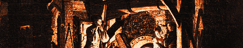 Pixel-art translation of Joseph Wright of Derby, An Iron Forge Viewed from Without (1773): an arched stone forge seen from outside at night, with firelight glowing in its doorway.