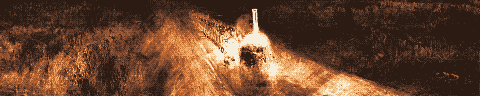 Pixel-art translation of J. M. W. Turner, Rain, Steam and Speed: The Great Western Railway (1844): a steam locomotive crosses a railway bridge in rain and mist, its firebox glowing.