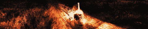 Pixel-art translation of J. M. W. Turner, Rain, Steam and Speed: The Great Western Railway (1844): a steam locomotive crosses a railway bridge in rain and mist, its firebox glowing.