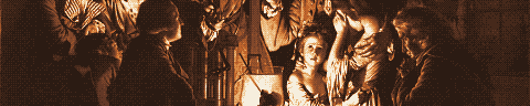 Pixel-art translation of Joseph Wright of Derby, An Experiment on a Bird in the Air Pump (1768): a lecturer shows a family a bird in a glass air pump by candlelight.