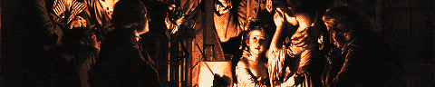 Pixel-art translation of Joseph Wright of Derby, An Experiment on a Bird in the Air Pump (1768): a lecturer shows a family a bird in a glass air pump by candlelight.