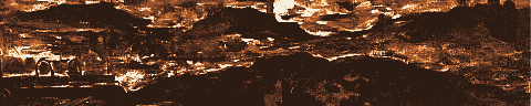 Pixel-art translation of Constantin Meunier, Mining Region (Steenkolenstreek) (undated): a smoky industrial mining landscape of chimneys and spoil under a heavy sky.