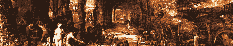 Pixel-art translation of Jan Brueghel the Elder, Fire (Allegory of Fire) (1606): an allegory of fire: a crowded scene of forges, furnaces and burning tools.