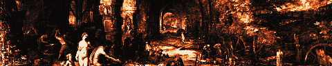 Pixel-art translation of Jan Brueghel the Elder, Fire (Allegory of Fire) (1606): an allegory of fire: a crowded scene of forges, furnaces and burning tools.