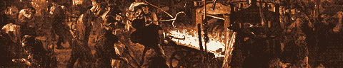Pixel-art translation of Adolph Menzel, The Iron Rolling Mill (Modern Cyclops) (1872 to 1875): workers in a vast iron rolling mill handle a glowing bar of iron.
