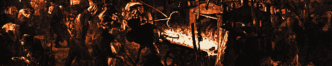 Pixel-art translation of Adolph Menzel, The Iron Rolling Mill (Modern Cyclops) (1872 to 1875): workers in a vast iron rolling mill handle a glowing bar of iron.