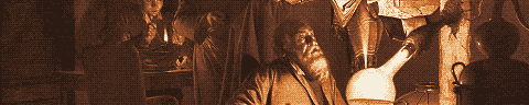 Pixel-art translation of Joseph Wright of Derby, The Alchemist Discovering Phosphorus (1771): an alchemist in a vaulted laboratory sees phosphorus glow in a flask.