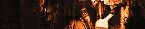 Pixel-art translation of Joseph Wright of Derby, The Alchemist Discovering Phosphorus (1771): an alchemist in a vaulted laboratory sees phosphorus glow in a flask.