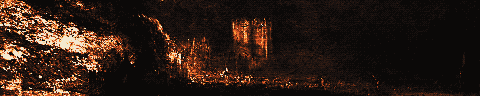 Pixel-art translation of J. M. W. Turner, The Burning of the Houses of Lords and Commons, 16 October 1834 (1834 to 1835): the Houses of Parliament burn at night, with the fire reflected in the Thames.