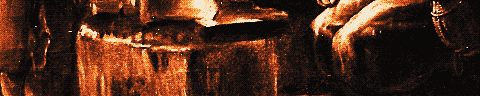 Pixel-art translation of Louis Le Nain, The Forge (La Forge) (about 1640 to 1642): a smith, his family and his workmen gather around the forge in a dim room.