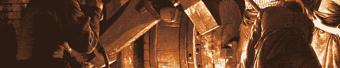 Pixel-art translation of Joseph Wright of Derby, An Iron Forge (1772): a blacksmith holds a glowing bar of iron on an anvil in a dark forge while his family and workmen look on.