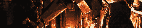 Pixel-art translation of Joseph Wright of Derby, An Iron Forge (1772): a blacksmith holds a glowing bar of iron on an anvil in a dark forge while his family and workmen look on.