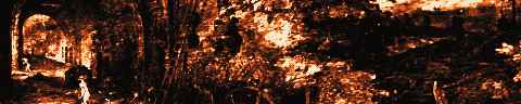 Pixel-art translation of Jan Brueghel the Elder, Fire (Allegory of Fire) (1606): an allegory of fire: a crowded scene of forges, furnaces and burning tools.