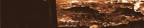 Pixel-art translation of Constantin Meunier, Mining Region (Steenkolenstreek) (undated): a smoky industrial mining landscape of chimneys and spoil under a heavy sky.