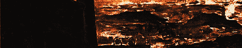 Pixel-art translation of Constantin Meunier, Mining Region (Steenkolenstreek) (undated): a smoky industrial mining landscape of chimneys and spoil under a heavy sky.