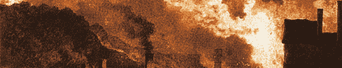 Pixel-art translation of Philip James de Loutherbourg, Coalbrookdale by Night (1801): the furnaces of Coalbrookdale glow red against the night sky above a dark valley.