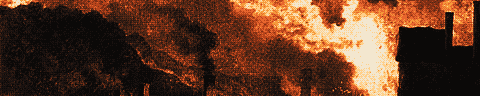 Pixel-art translation of Philip James de Loutherbourg, Coalbrookdale by Night (1801): the furnaces of Coalbrookdale glow red against the night sky above a dark valley.