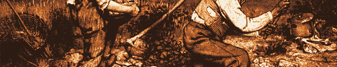 Pixel-art translation of Gustave Courbet, The Stonebreakers (1849): two labourers break stones by a roadside.