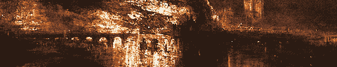 Pixel-art translation of J. M. W. Turner, The Burning of the Houses of Lords and Commons, 16 October 1834 (1834 to 1835): the Houses of Parliament burn at night, with the fire reflected in the Thames.