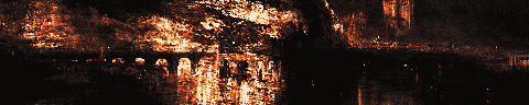 Pixel-art translation of J. M. W. Turner, The Burning of the Houses of Lords and Commons, 16 October 1834 (1834 to 1835): the Houses of Parliament burn at night, with the fire reflected in the Thames.