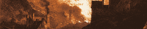 Pixel-art translation of Philip James de Loutherbourg, Coalbrookdale by Night (1801): the furnaces of Coalbrookdale glow red against the night sky above a dark valley.