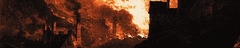 Pixel-art translation of Philip James de Loutherbourg, Coalbrookdale by Night (1801): the furnaces of Coalbrookdale glow red against the night sky above a dark valley.