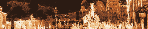 Pixel-art translation of Claude Monet, Arrival of the Normandy Train, Gare Saint-Lazare (1877): a steam train arrives under the iron-and-glass roof of the Gare Saint-Lazare in clouds of steam.