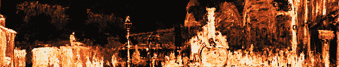 Pixel-art translation of Claude Monet, Arrival of the Normandy Train, Gare Saint-Lazare (1877): a steam train arrives under the iron-and-glass roof of the Gare Saint-Lazare in clouds of steam.