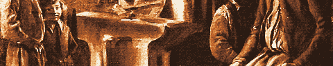 Pixel-art translation of Louis Le Nain, The Forge (La Forge) (about 1640 to 1642): a smith, his family and his workmen gather around the forge in a dim room.