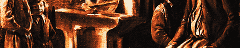 Pixel-art translation of Louis Le Nain, The Forge (La Forge) (about 1640 to 1642): a smith, his family and his workmen gather around the forge in a dim room.