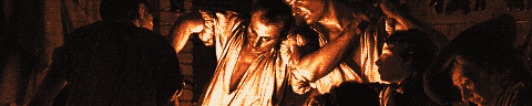 Pixel-art translation of Joseph Wright of Derby, The Blacksmith's Shop (1771): a smith and his helpers work a glowing piece of iron in a dark workshop lit by the forge.