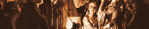 Pixel-art translation of Joseph Wright of Derby, An Experiment on a Bird in the Air Pump (1768): a lecturer shows a family a bird in a glass air pump by candlelight.