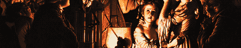 Pixel-art translation of Joseph Wright of Derby, An Experiment on a Bird in the Air Pump (1768): a lecturer shows a family a bird in a glass air pump by candlelight.