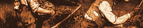 Pixel-art translation of Gustave Courbet, The Stonebreakers (1849): two labourers break stones by a roadside.
