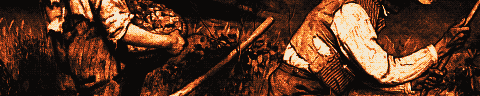 Pixel-art translation of Gustave Courbet, The Stonebreakers (1849): two labourers break stones by a roadside.